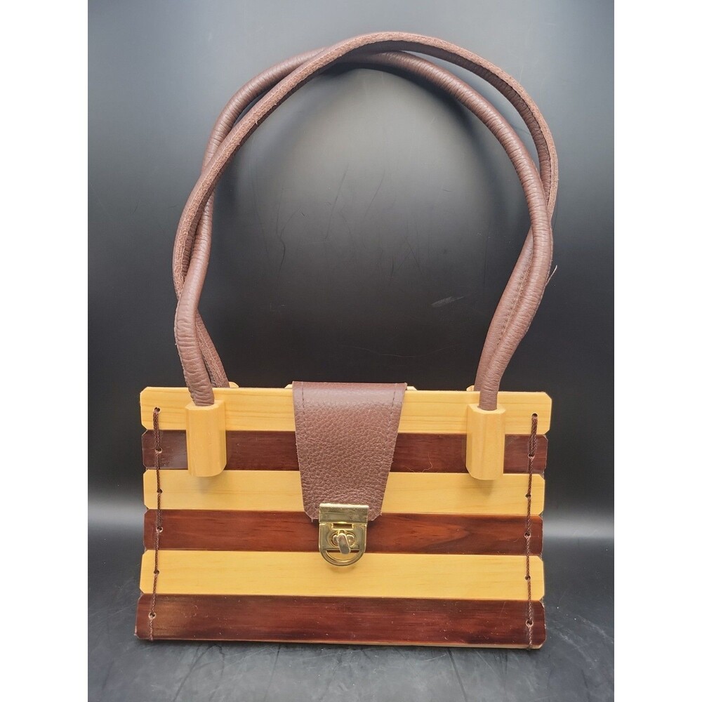 Bolsos de Madera Handmade Slatted Wood and Cowhide Double Handle Purse Colombia